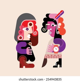 Two modern stylish women. Abstract art vector illustration. Young woman talking with her girlfriend.