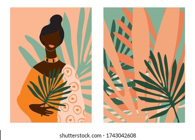 Two modern trend posters in pastel colors. African woman in national dress with a tropical leaf in the style of collage. Abstract composition with floral silhouettes. Cut out flat vector illustration.