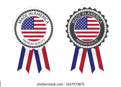 Two modern vector Made in America labels isolated on white background, simple stickers in American colors, premium quality stamp design, flag of America