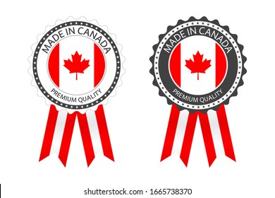 Two modern vector Made in Canada labels isolated on white background, simple stickers in Canadian colors, premium quality stamp design, flag of Canada