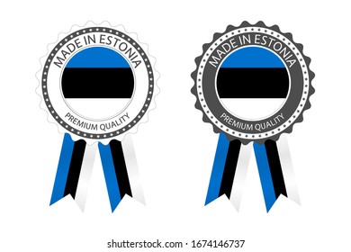 Two modern vector Made in Estonia labels isolated on white background, simple stickers in Estonian colors, premium quality stamp design, flag of Estonia