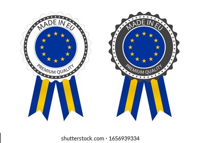 Two modern vector Made in the European Union labels isolated on white background, simple stickers in European colors, premium quality stamp design, flag of European Union