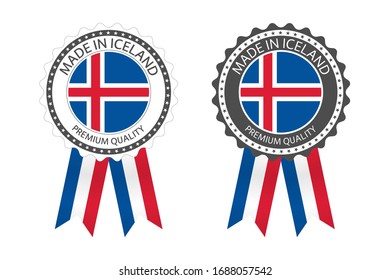 Two modern vector Made in Iceland labels isolated on white background, simple stickers in Icelandic colors, premium quality stamp design, flag of Iceland