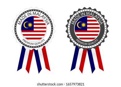 Dos modernos vectores Fabricados en Malasia aislados en fondo blanco, pegatinas simples en colores malasios, diseño de sellos de primera calidad, bandera de Malasia