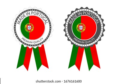 Two modern vector Made in Portugal labels isolated on white background, simple stickers in Portuguese colors, premium quality stamp design, flag of Portugal