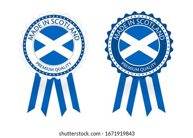 Two modern vector Made in Scotland labels isolated on white background, simple stickers in Scottish colors, premium quality stamp design, flag of Scotland