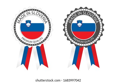 Two modern vector Made in Slovenia labels isolated on white background, simple stickers with Slovenian colors, premium quality stamp design, flag of Slovenia