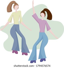 Zwei moderne junge Mädchen tanzen. Tanzbewegungen, Spaß und Unterhaltung. Frauenfreundschaft und gemeinsame Freizeit, Party.  Konzept für ein Banner, Website-Design oder Zielwebseite.
