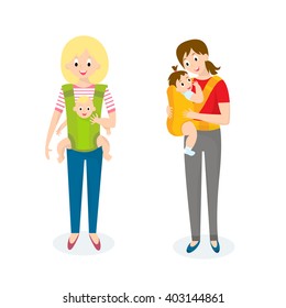 Two Mom with Baby in baby carrier. Vector illustration