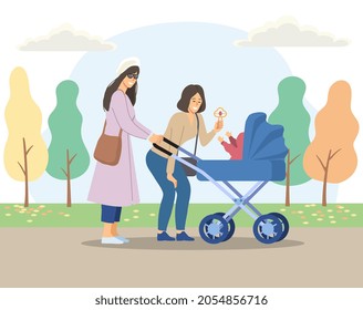 Two moms in park. Parents walking with their children, cutie. Woman shows toy to child, girl with stroller, motherhood. Fresh air, autumn, cold weather, cloud. Cartoon flat vector illustration