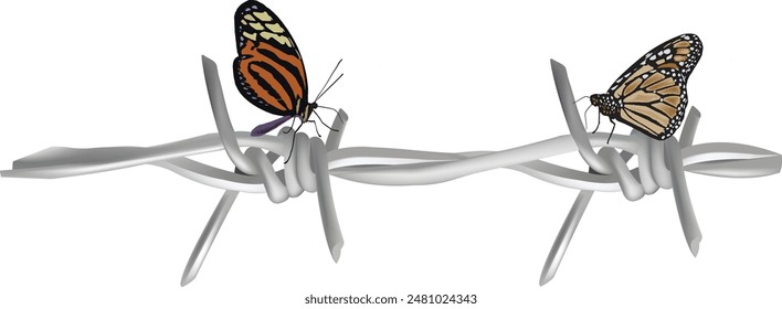 Two monarch butterflies perched on barbed wire fence