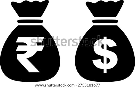 Two money bags featuring Rupee and Dollar currency symbols.