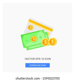 Two Money Paper One Silver Card Golden Coin Two Gold  Coins Flat Icon Vector Illustration