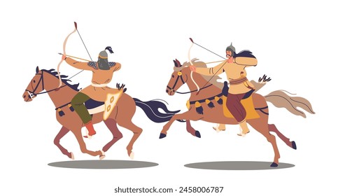 Two Mongol Archer On Horseback, Captured Mid-action. Asian Characters Aim Their Bows, Reflecting The Agility And Skill