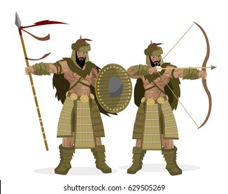 two mongol warriors with spear and bow