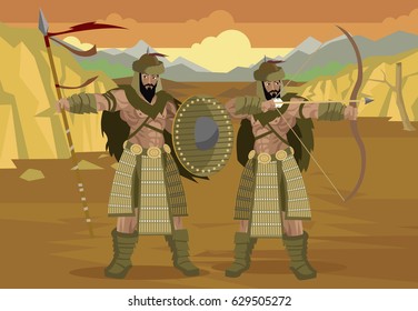 two mongol warriors with spear and bow in desert
