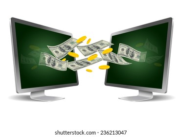 Zwei Monitore. Überweisungskonzept. Vektorgrafik.