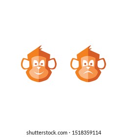 Two monkey heads with sullen expressions and smiles.