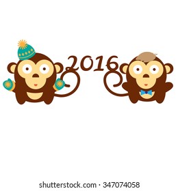 Two monkey and lettering 2016. Cartoon monkeys babies brown color. Funny animals in clothes. Animal symbol of New Year. Cover for calendar, flyers, banners