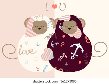 two monkey matrioshka with Heart and anchor love valentine's day card I love you
