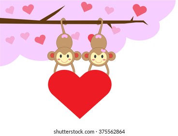 Two Monkey swing and hang  in the love tree with hands holding big red heart isolated on white background,Vector illustration, Template for valentines day, wedding and anniversary