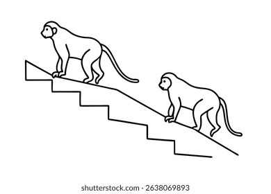 Two monkeys climbing stairs line drawing illustration