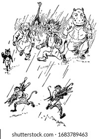 Two monkeys holding umbrellas and running, other animals running behind them in the rain, vintage line drawing or engraving illustration