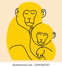 Two monkeys hugging. Avatar, badge, poster, logo templates, print. Vector illustration in flat cartoon style