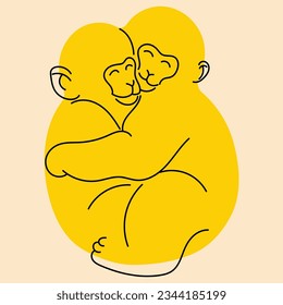 Two monkeys hugging. Avatar, badge, poster, logo templates, print. Vector illustration in flat cartoon style