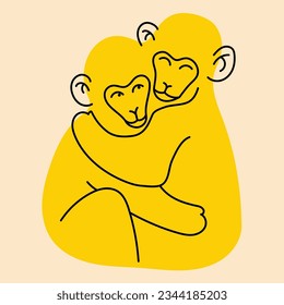 Two monkeys hugging. Avatar, badge, poster, logo templates, print. Vector illustration in flat cartoon style