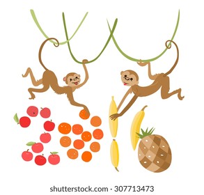 Two monkeys lay out fruit in digits of 2016. New year vector illustration.