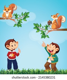 Two monkeys looking at squirrels in garden illustration