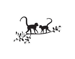 Two Monkeys On Branch, Vector. Monkeys Silhouettes On Tree  Illustration. Wall Artwork, Wall Decals. Scandinavian Minimalist Poster Design Isolated On White Background. Minimalism Background.