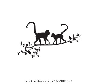 Two monkeys on branch, vector. Monkeys silhouettes on tree  illustration. Wall artwork, wall decals. Scandinavian minimalist poster design isolated on white background. Minimalism background.