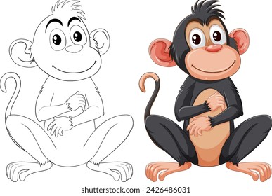 Two monkeys, one colored and one line art.