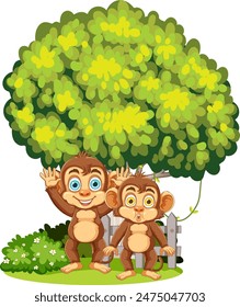 Two monkeys playing near a tree