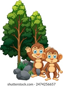 Two monkeys playing near trees and rocks