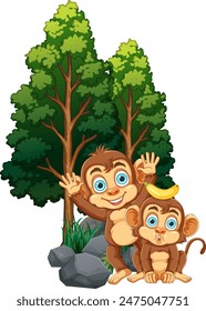 Two monkeys playing near trees and rocks