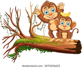 Two monkeys playing on a tree branch