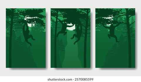 Two Monkeys Playing on Tree Branches in The Forest - Portrait Silhouette Design Set, Beautiful 2D Landscape Silhouette Wallpaper Set	
