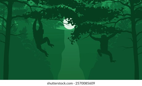 Two Monkeys Playing on Tree Branches in The Forest - Beautiful 2D Landscape Silhouette Wallpaper