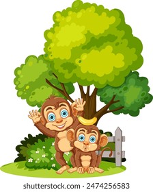 Two monkeys playing under a tree