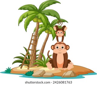 Two monkeys relaxing under palm trees on an island.