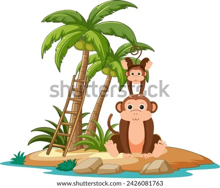 Two monkeys relaxing under palm trees on an island.