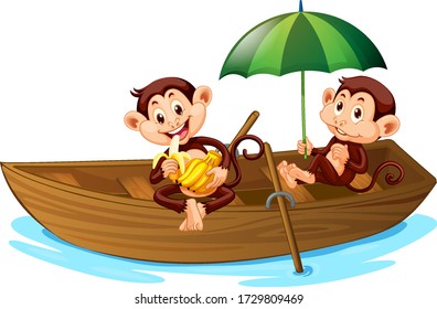 Two monkeys rowing a boat on white background illustration