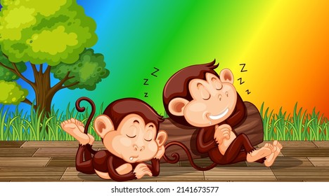 Two monkeys sleeping on rainbow gradient background illustration