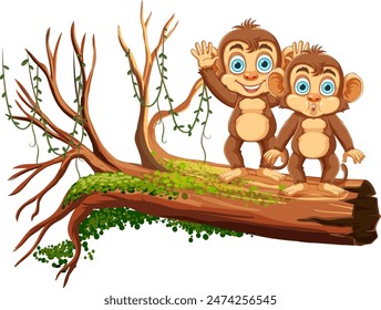 Two monkeys standing on a fallen tree