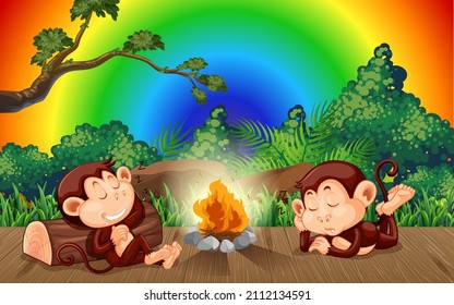 Two monkeys take a nap in the forest on gradient rainbow background illustration