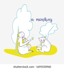 two monkeys under the trees. the monkey is talking on the phone. monkey drinks lemonade or coffee from a glass with a straw. Cartoon   monkey holds a finger in his mouth and studies the phone. rosy.