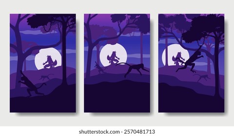 Two Monkeys Who Ran Away Because They Saw The Appearance of a Werewolf - Portrait Silhouette Design Set, Beautiful 2D Landscape Silhouette Wallpaper Set